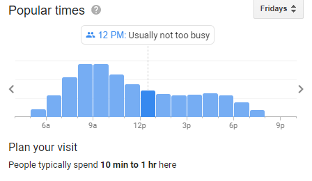 Screenshot of Google SERP result for a local business showing busy times of day