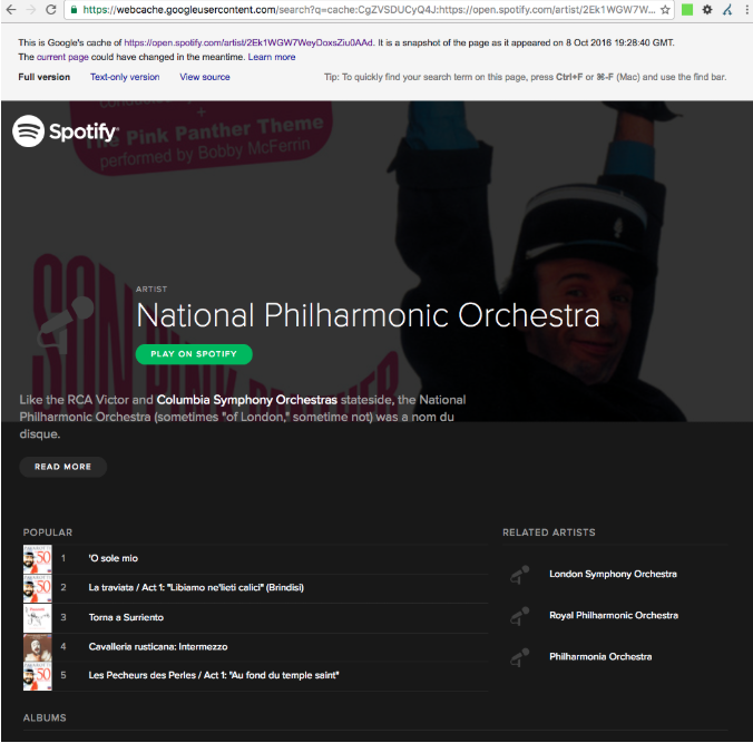 Spotify shows a National Philharmonic Orchestra landing page to logged in visitors.